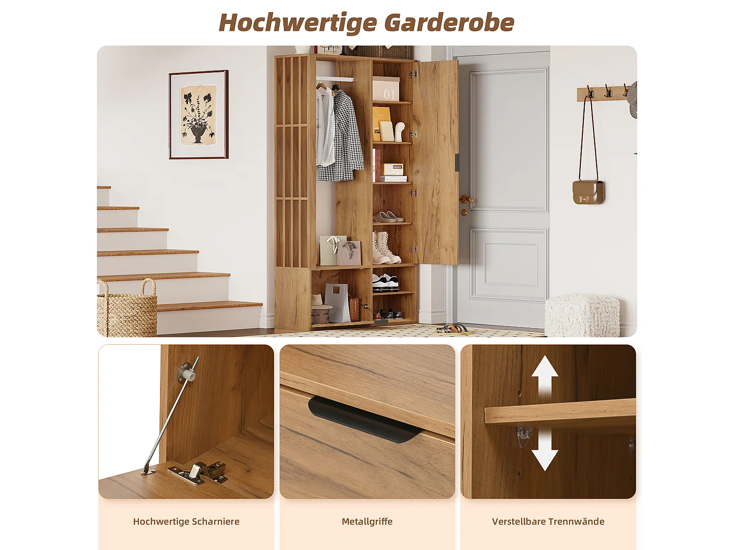 Guarda-roupa 6 em 1 - 100 x 33 x 190 cm - com espelho + cabideiro + 2 portas - aglomerado - natural