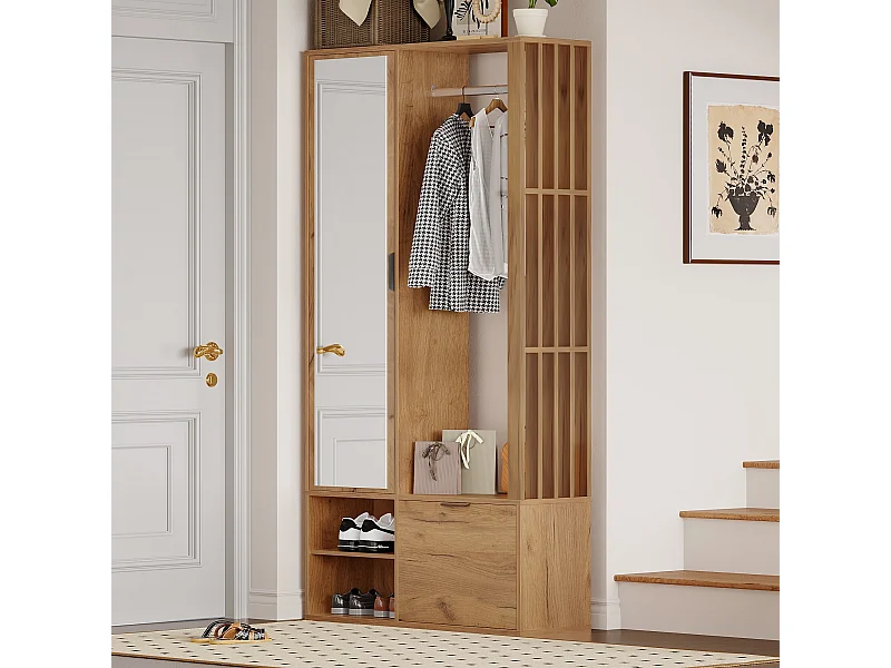 6-in-1 Kleiderschrank - 100 x 33 x 190 cm - mit Spiegel + Kleiderstange + 2 Türen - Spanplatte - Natur