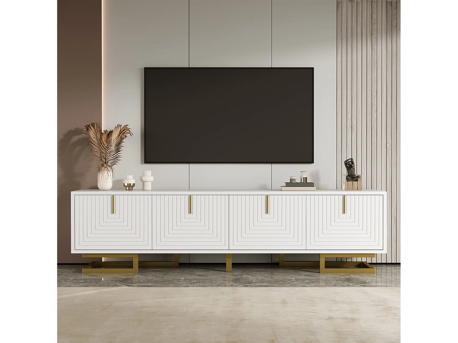 Mueble de TV con 4 puertas texturizadas - 160 x 38 x 44,5 cm - tiradores y patas dorados - aglomerado - blanco