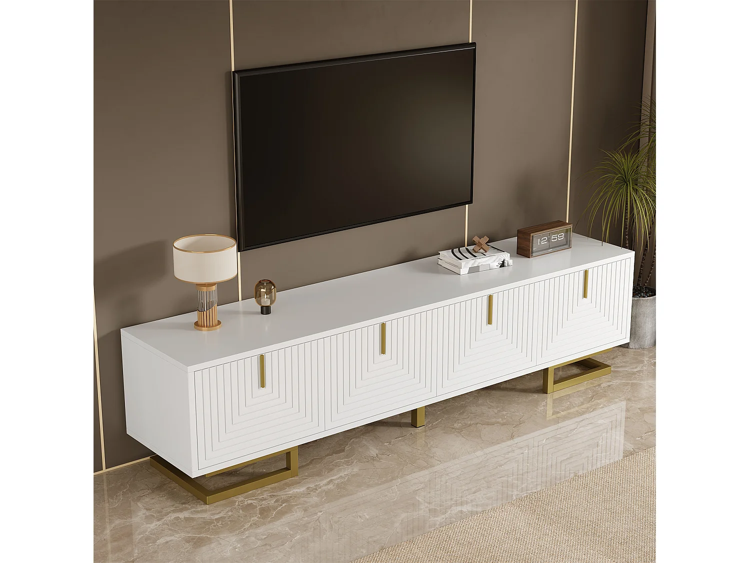 Mueble de TV con 4 puertas texturizadas - 160 x 38 x 44,5 cm - tiradores y patas dorados - aglomerado - blanco