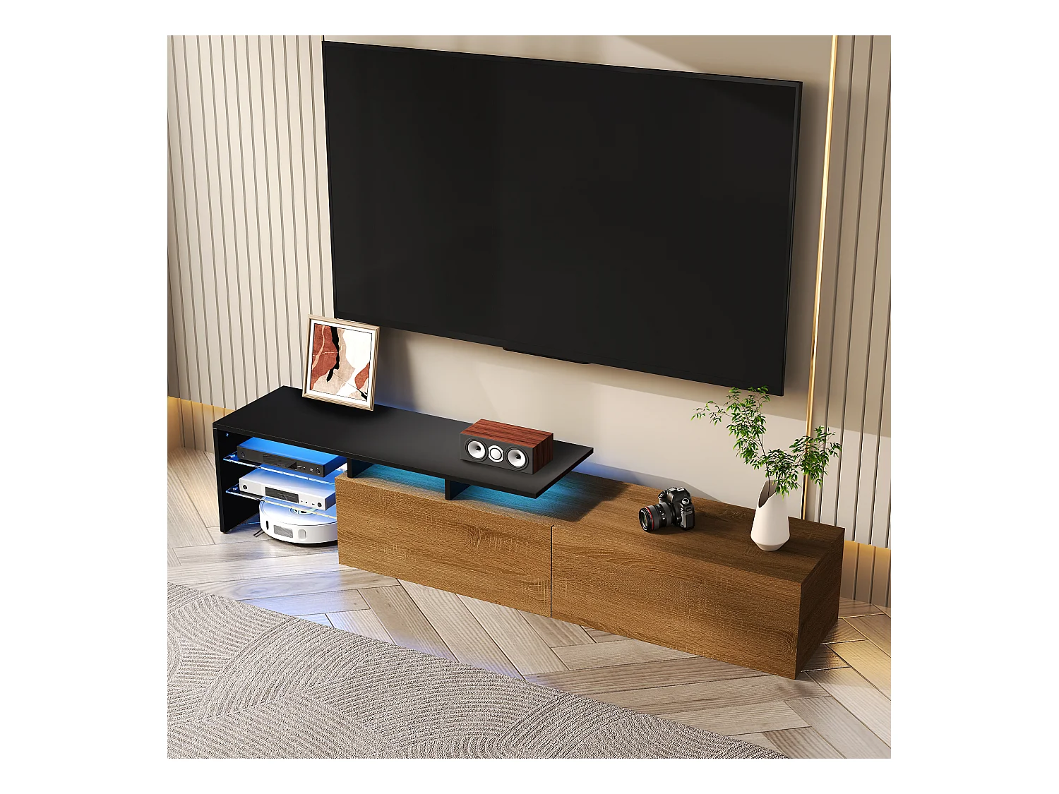Meuble TV moderne - 170 x 33 x 33.5 cm - avec 2 tiroirs + étagères en verre + Leds - aggloméré - naturel