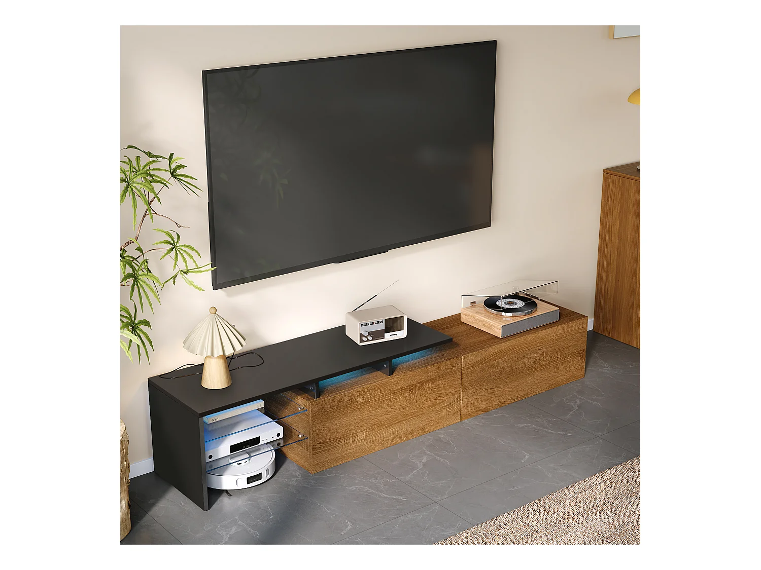 Meuble TV moderne - 170 x 33 x 33.5 cm - avec 2 tiroirs + étagères en verre + Leds - aggloméré - naturel