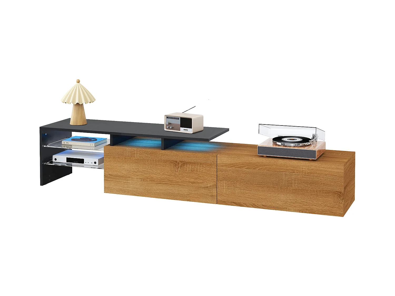 Moderner TV-Schrank - 170 x 33 x 33,5 cm - mit 2 Schubladen + Glasböden + LEDs - Spanplatte - Natur