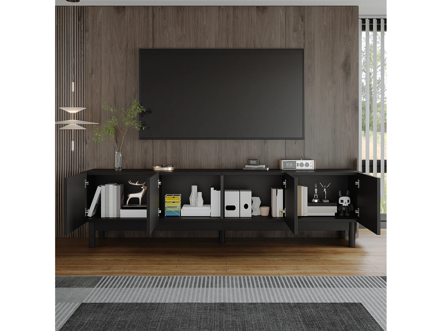 Nowoczesna szafka RTV - 169 x 35 x 45,5 cm - z 4 falistymi, giętymi drzwiami - MDF + płyta wiórowa - czarna