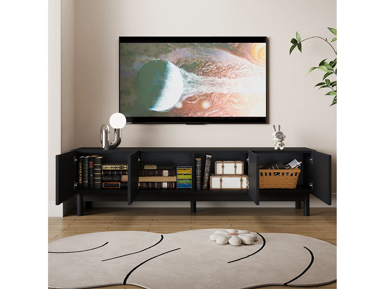 Nowoczesna szafka RTV - 169 x 35 x 45,5 cm - z 4 falistymi, giętymi drzwiami - MDF + płyta wiórowa - czarna