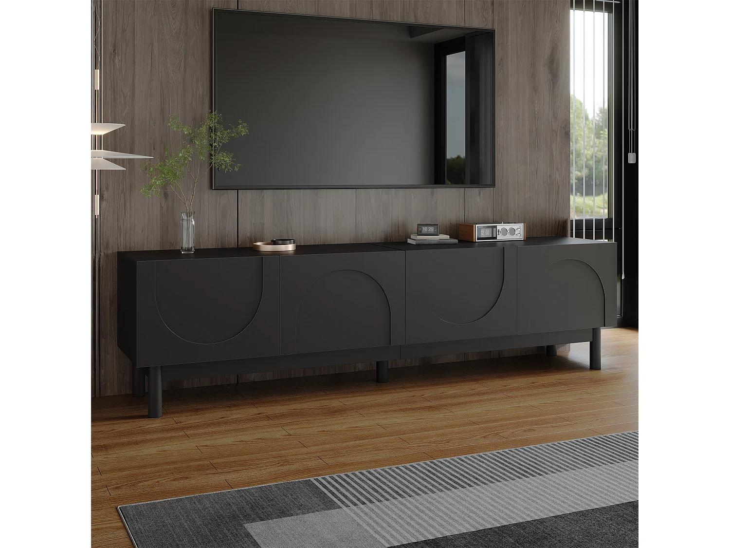 Nowoczesna szafka RTV - 169 x 35 x 45,5 cm - z 4 falistymi, giętymi drzwiami - MDF + płyta wiórowa - czarna