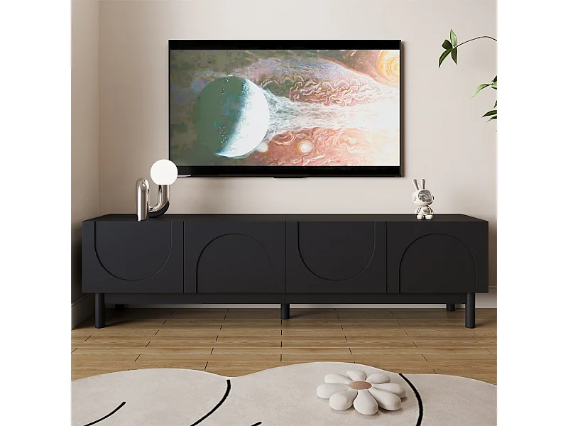 Meuble TV moderne - 169 x 35 x 45.5 cm - avec 4 portes courbes en forme de vague - MDF + aggloméré - noir