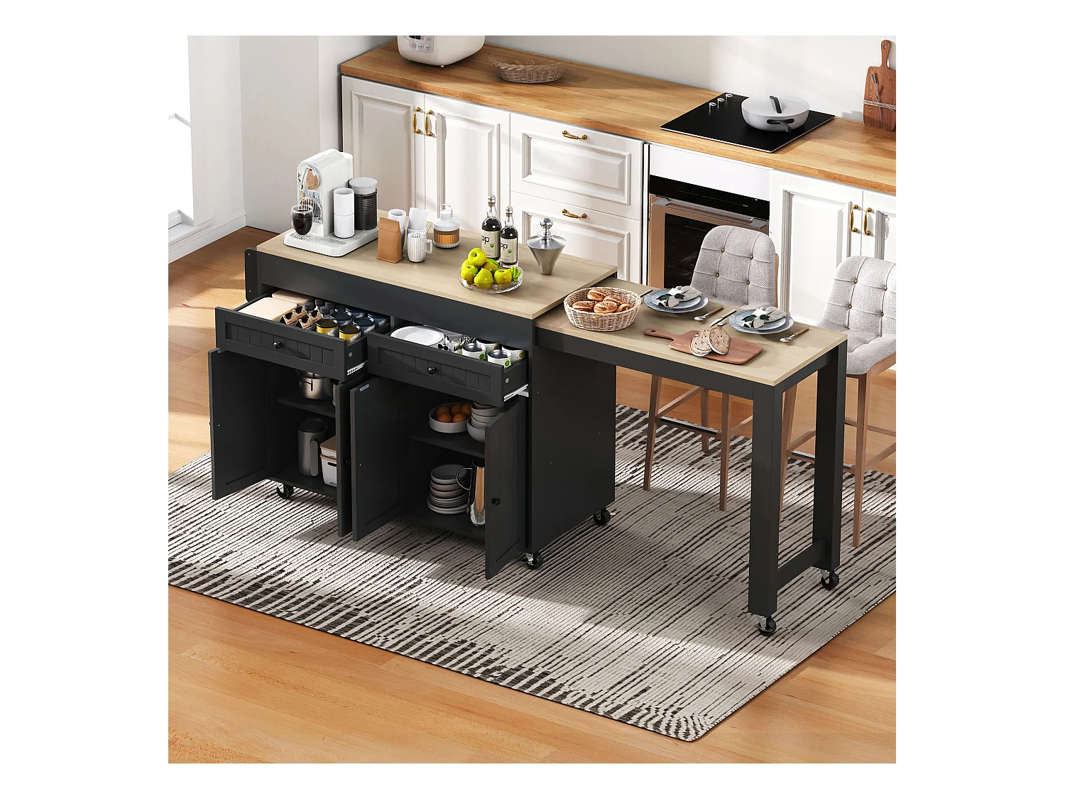 Îlot central sur roulettes - îlot de cuisine extensible avec plan de travail + 2 tiroirs - MDF - noir