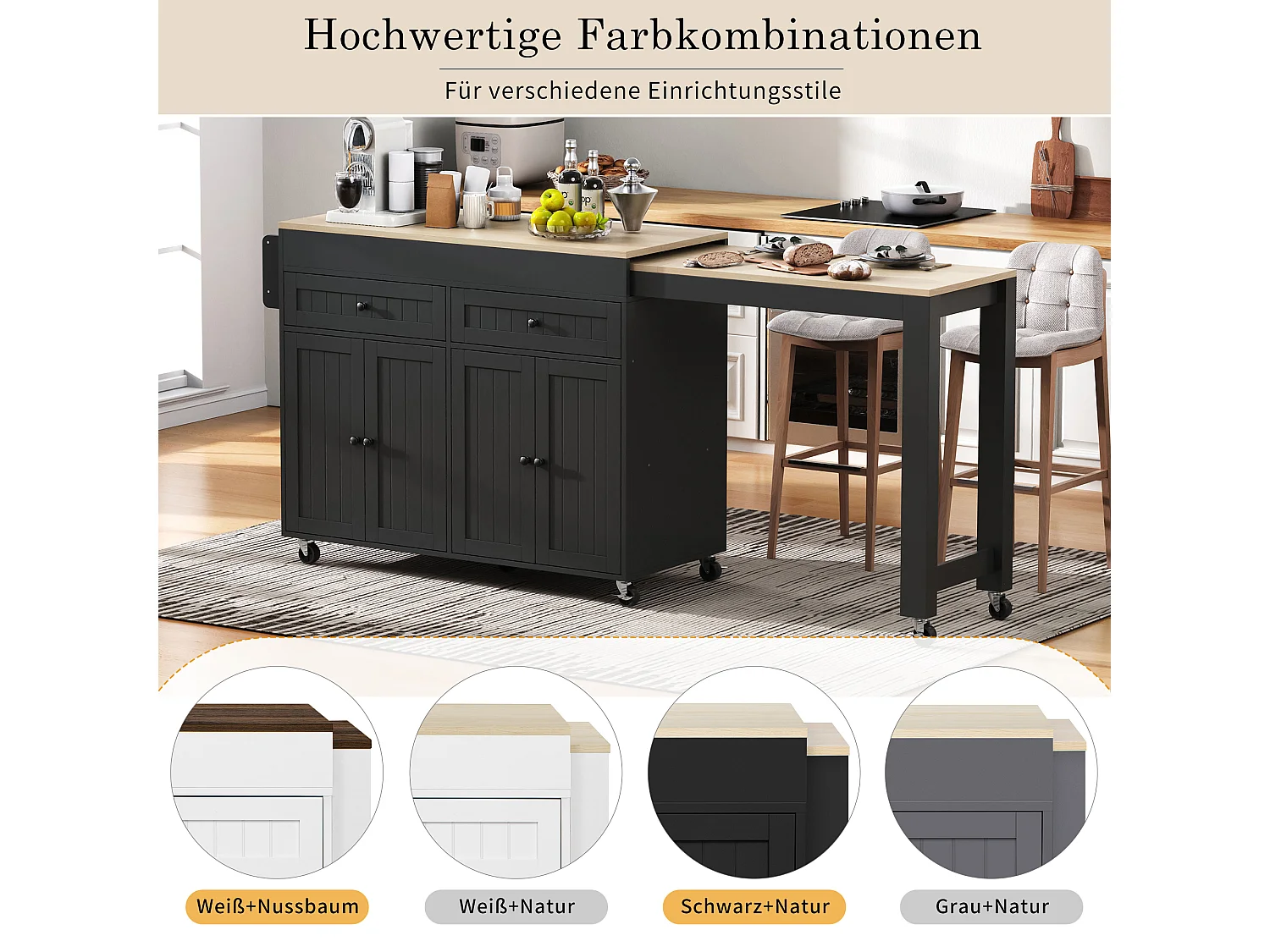 Centraal eiland op wielen - uitschuifbaar keukeneiland met werkblad + 2 lades - MDF - zwart