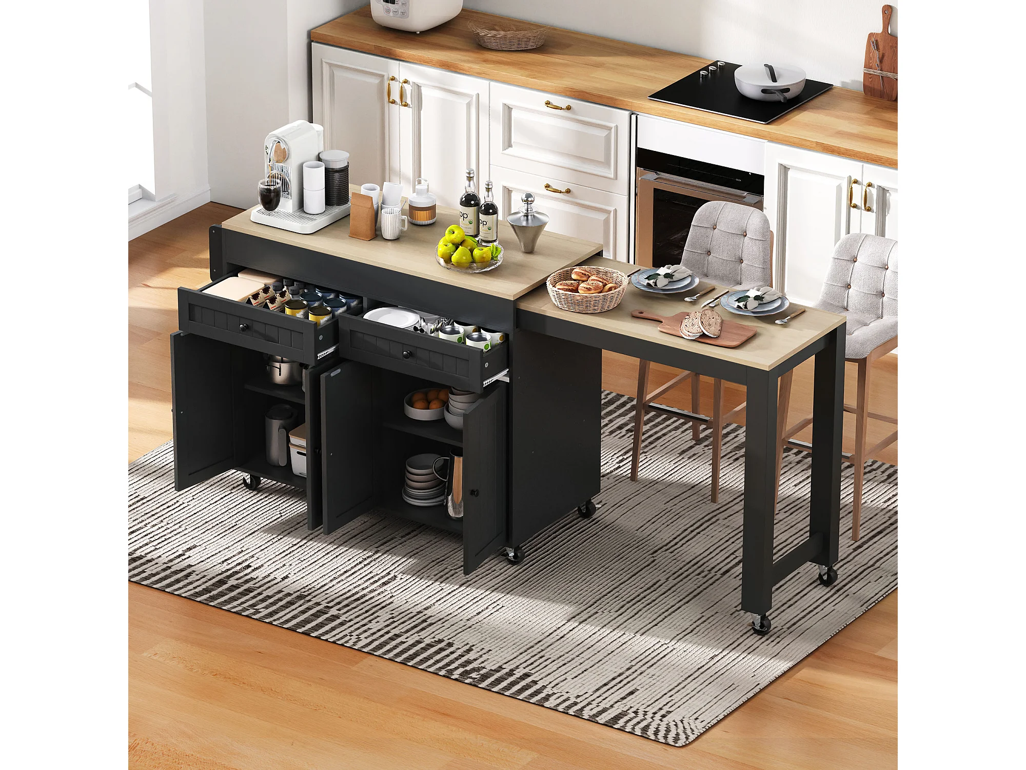 Îlot De Cuisine Mobile Pivotant Sweiko – Plan De Travail Extensible 112-180,5 Cm, 2 Tiroirs, 7 Roulettes, Blanc/noix