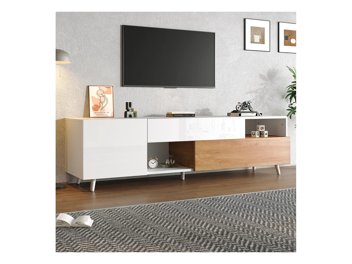 Hochglanz-TV-Schrank – 180 x 38 x 50 cm – mit 2 Türen + 1 Schublade + 7 Staufächern – Spanplatte – Weiß