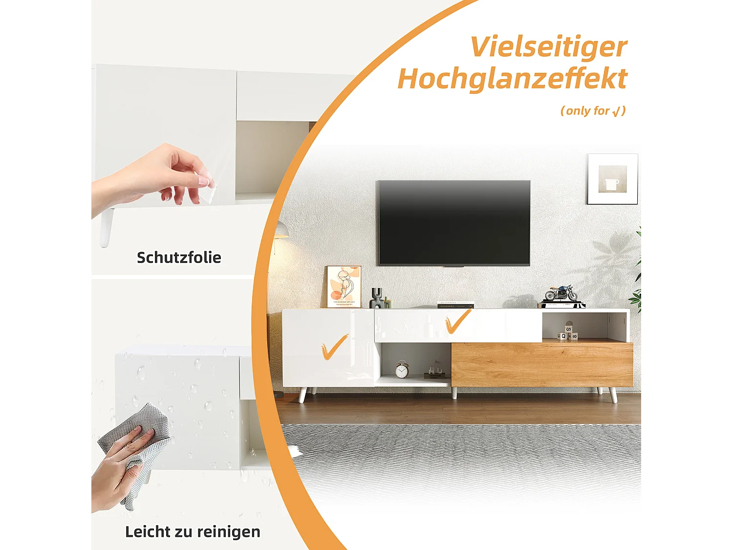 Móvel de TV brilhante - 180 x 38 x 50 cm - com 2 portas + 1 gaveta + 7 espaços de armazenamento - aglomerado - branco