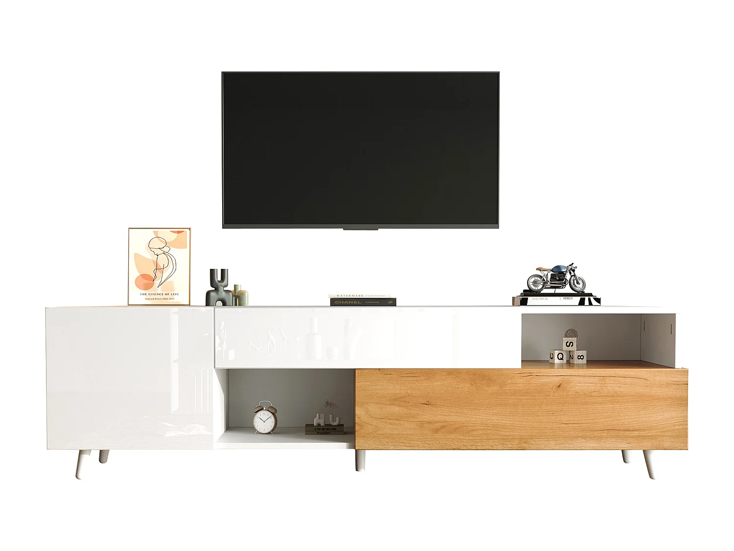 Móvel de TV brilhante - 180 x 38 x 50 cm - com 2 portas + 1 gaveta + 7 espaços de armazenamento - aglomerado - branco