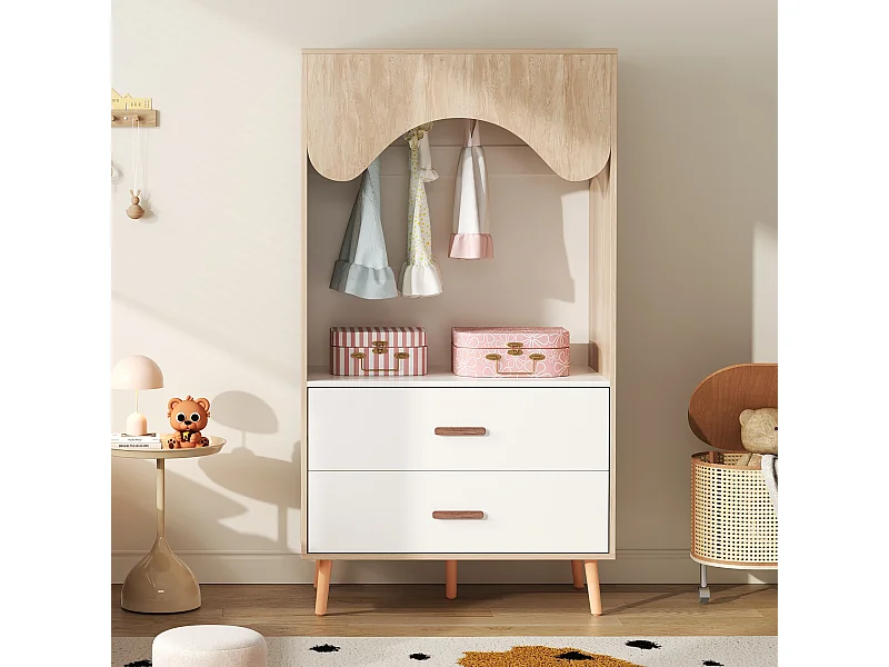 Kinderkledingkast - 80 x 46 x 141,5 cm - met kledingroede + 2 lades - spaanplaat - naturel