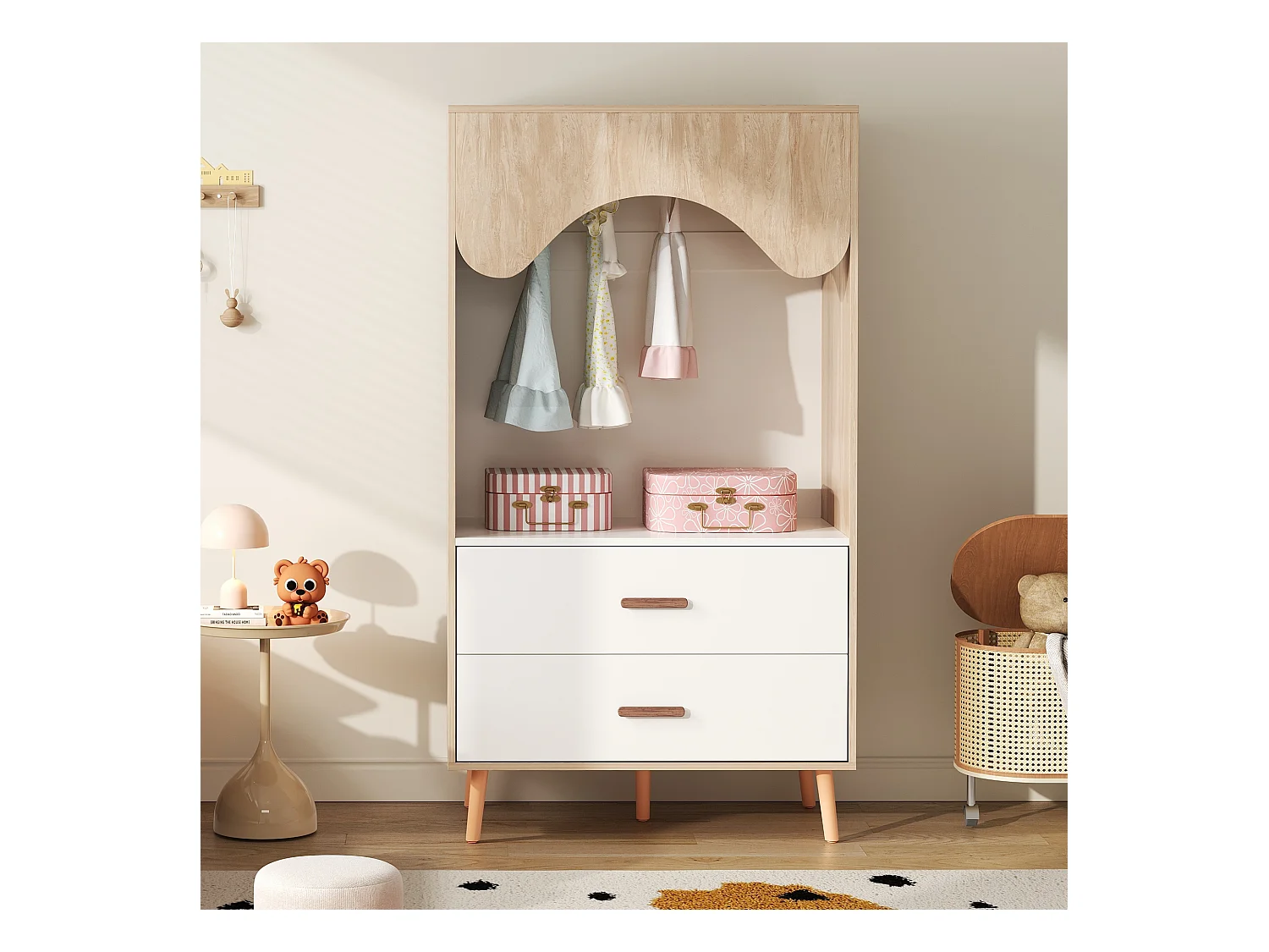 Armoire pour enfants - 80 x 46 x 141.5 cm - avec tringle à vêtements + 2 tiroirs - aggloméré - naturel