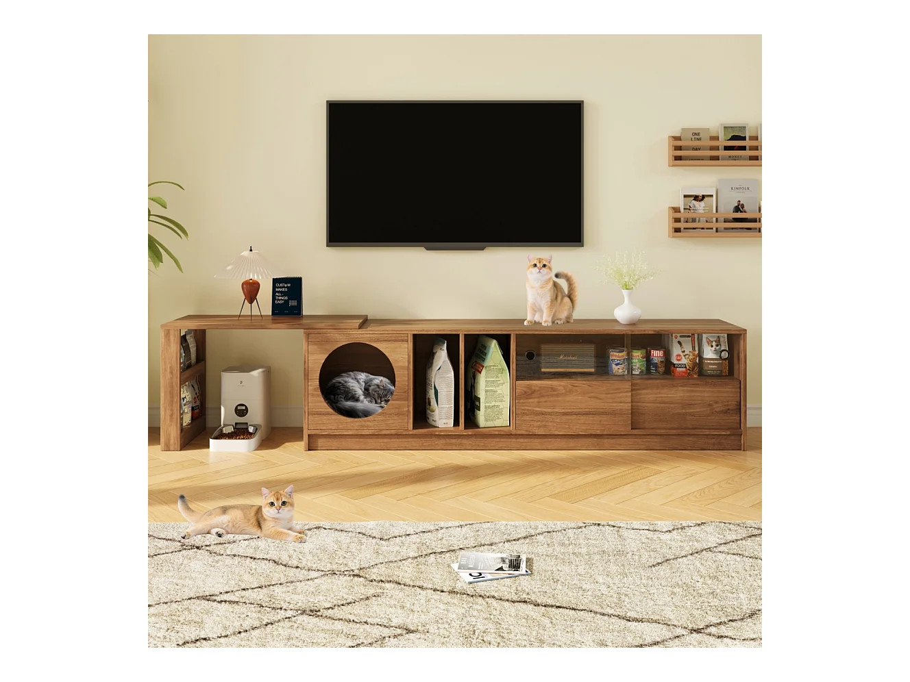 Meuble TV pivotant - 180(+80) x 40 x 51.5 cm - avec coin repos pour chat + portes - MDF - naturel