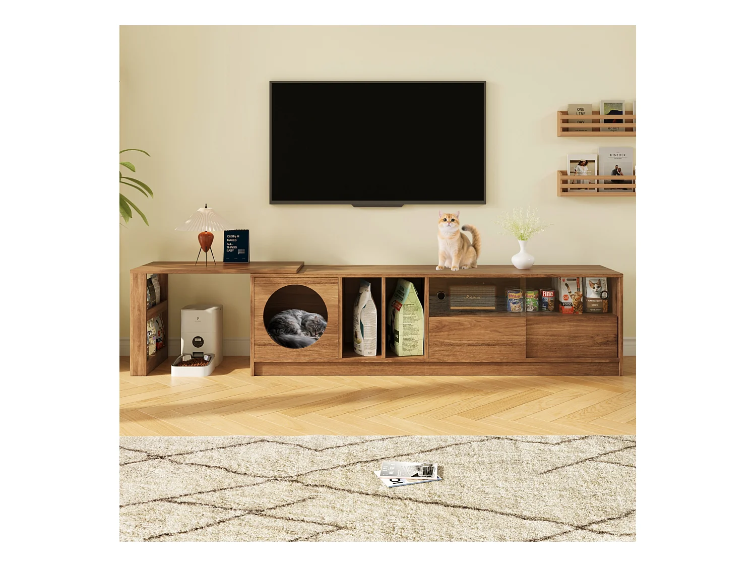 Meuble TV pivotant - 180(+80) x 40 x 51.5 cm - avec coin repos pour chat + portes - MDF - naturel