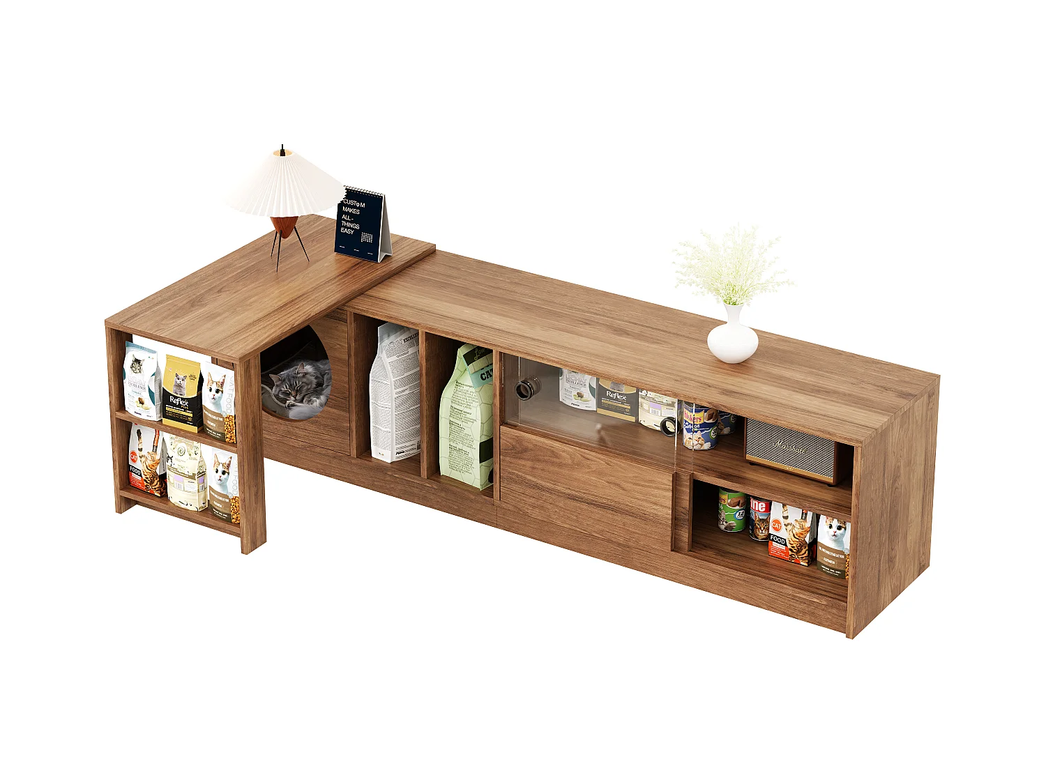 Meuble TV pivotant - 180(+80) x 40 x 51.5 cm - avec coin repos pour chat + portes - MDF - naturel