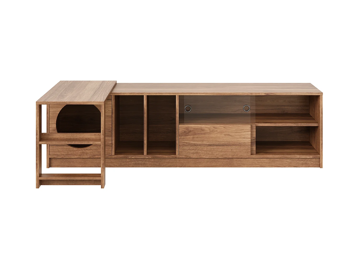 Meuble TV pivotant - 180(+80) x 40 x 51.5 cm - avec coin repos pour chat + portes - MDF - naturel