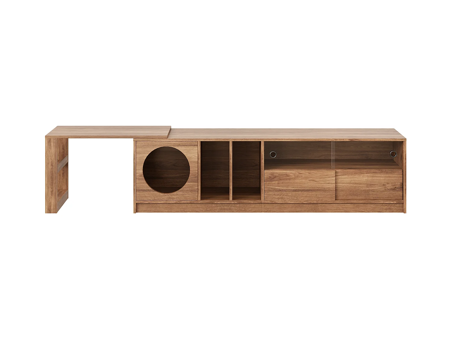 Meuble TV pivotant - 180(+80) x 40 x 51.5 cm - avec coin repos pour chat + portes - MDF - naturel