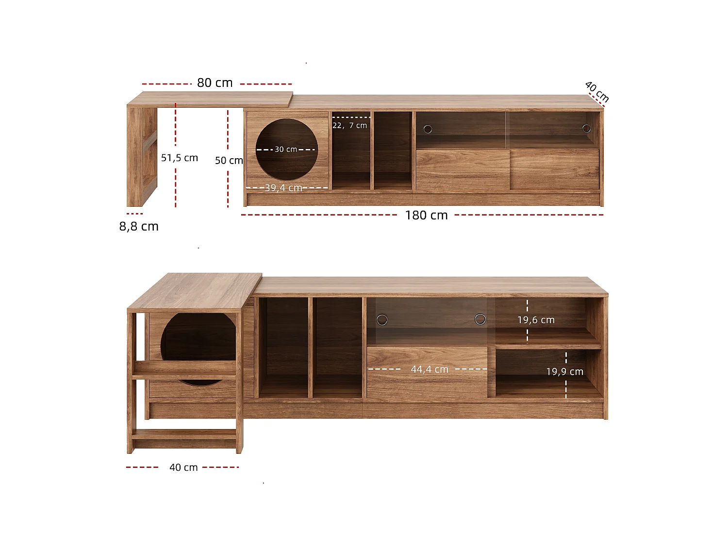 Meuble TV pivotant - 180(+80) x 40 x 51.5 cm - avec coin repos pour chat + portes - MDF - naturel