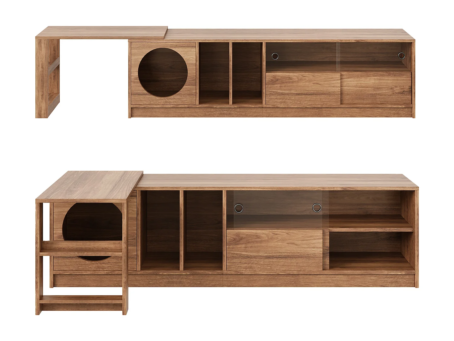 Móvel de TV giratório - 180(+80) x 40 x 51,5 cm - com área para gatos + portas - MDF - natural