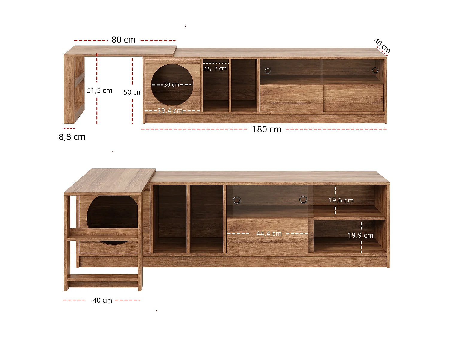 Móvel de TV giratório - 180(+80) x 40 x 51,5 cm - com área para gatos + portas - MDF - natural