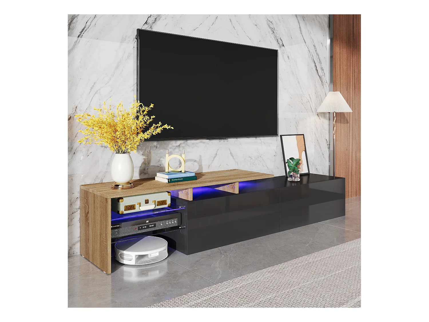 Meuble TV moderne - 170 x 33 x 33.5 cm - avec 2 tiroirs + étagères en verre + Leds - aggloméré - noir