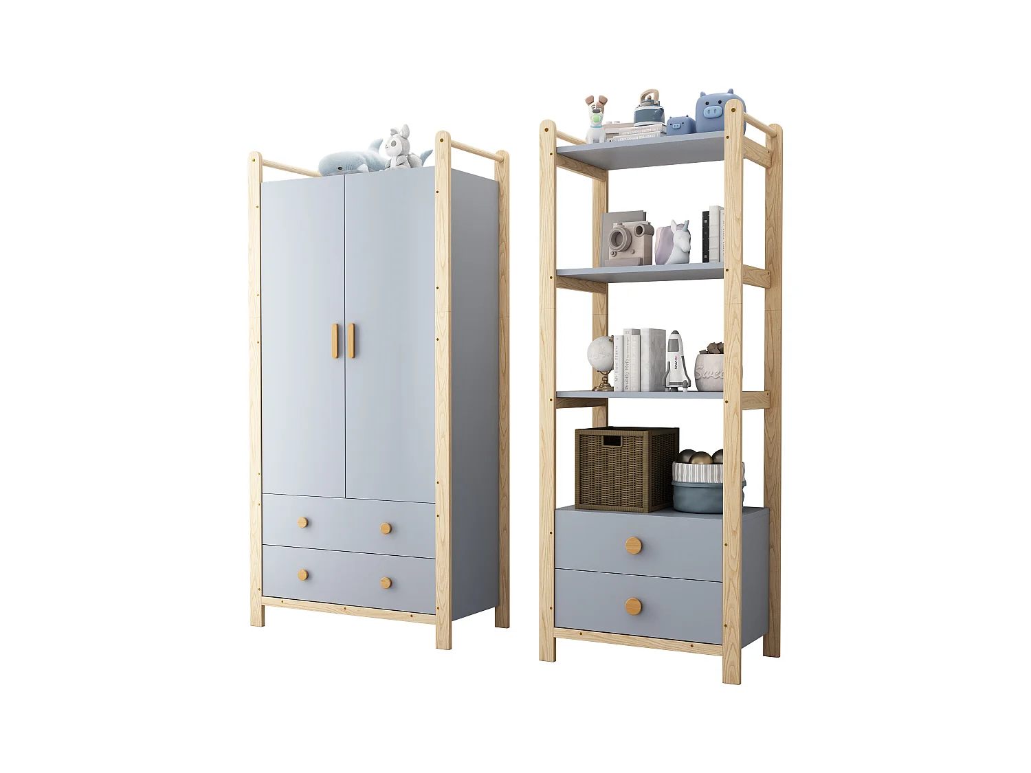 Ensemble de garde-robe combiné - armoire + étagère - avec tringle à vêtements + tiroirs - MDF - bleu