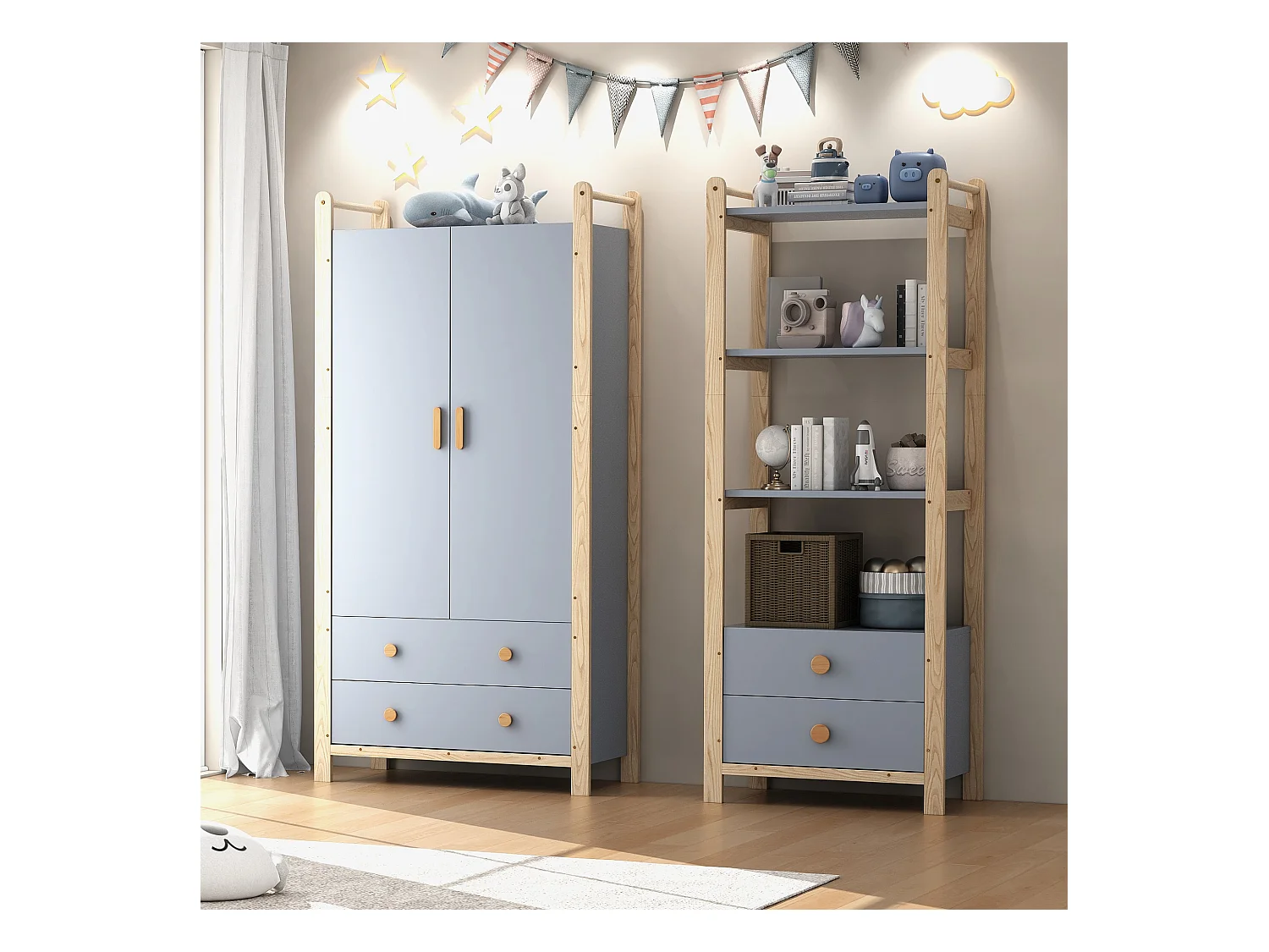 Ensemble de garde-robe combiné - armoire + étagère - avec tringle à vêtements + tiroirs - MDF - bleu