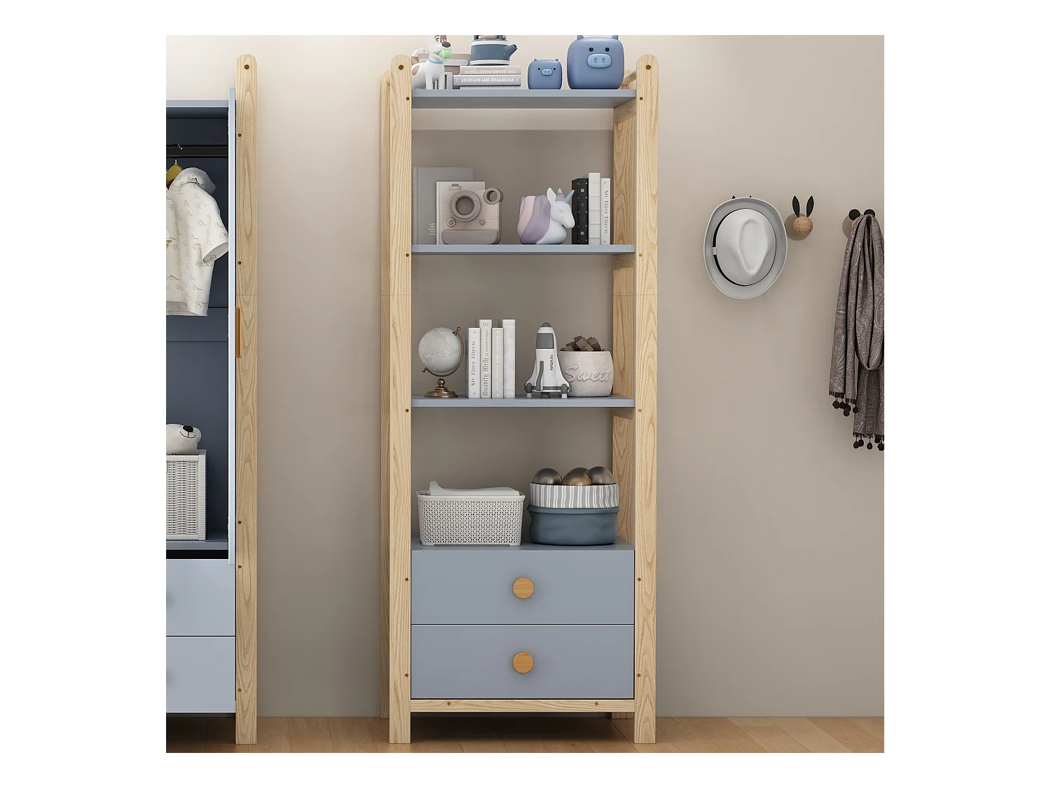 Ensemble de garde-robe combiné - armoire + étagère - avec tringle à vêtements + tiroirs - MDF - bleu