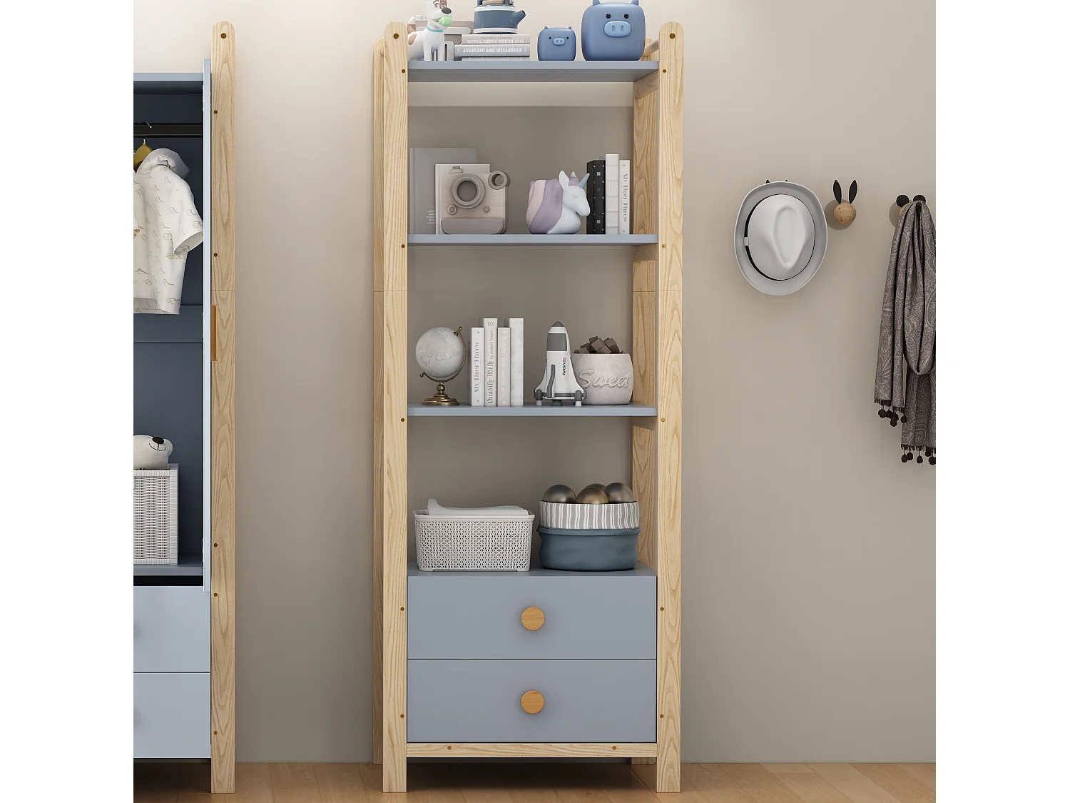 Gecombineerde kledingkastset - kledingkast + plank - met kledingroede + lades - MDF - blauw