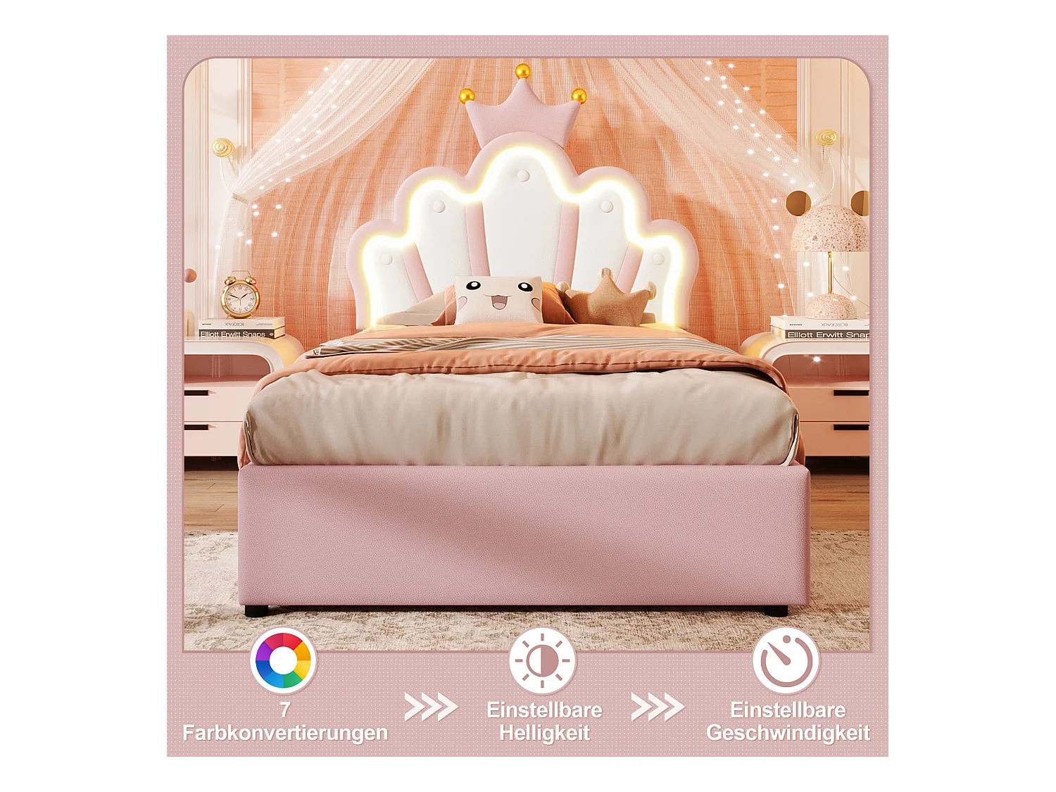 Kinderbed met opbergruimte - 90 x 200 cm - hydraulische opberging - met LED's + verstelbaar hoofdeinde - PU - roze