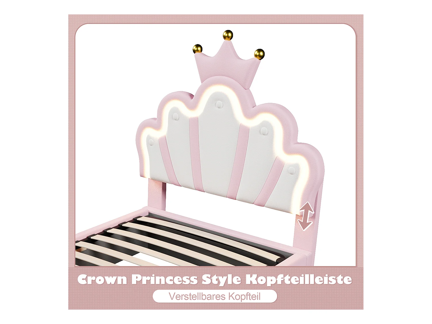 Kinderbed met opbergruimte - 90 x 200 cm - hydraulische opberging - met LED's + verstelbaar hoofdeinde - PU - roze