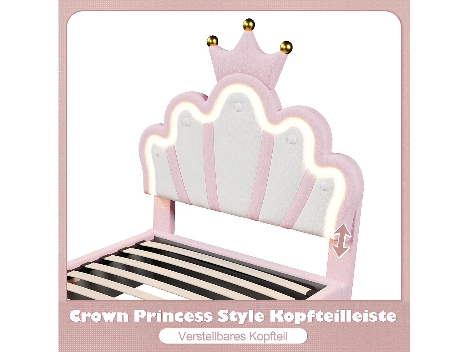 Lit coffre enfant - 90 x 200 cm - rangement hydraulique - avec Leds + tête de lit réglable - PU - rose