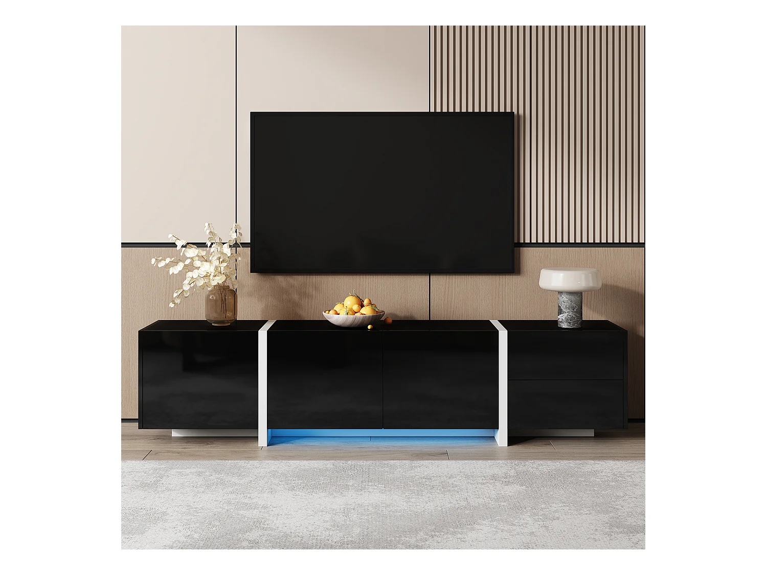 Meuble TV brillant - 170 x 30 x 39 cm - avec 4 portes + 1 tiroir - pieds contrastés - aggloméré - noir