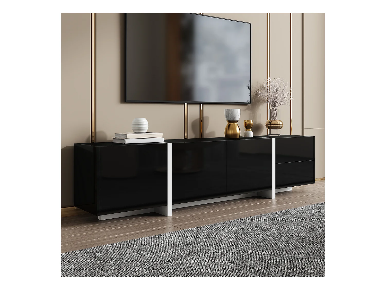 Meuble TV brillant - 170 x 30 x 39 cm - avec 4 portes + 1 tiroir - pieds contrastés - aggloméré - noir