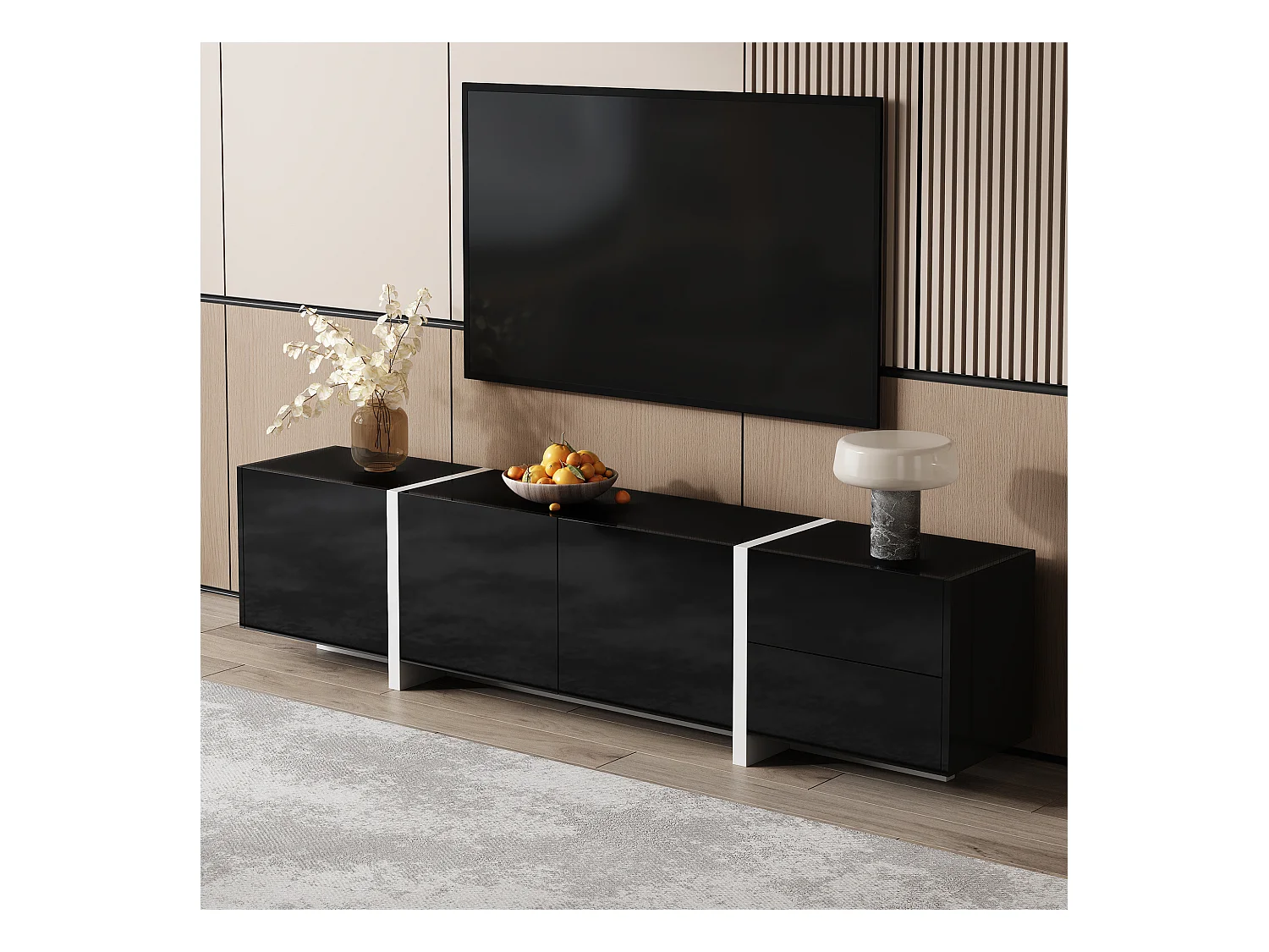 Meuble TV brillant - 170 x 30 x 39 cm - avec 4 portes + 1 tiroir - pieds contrastés - aggloméré - noir