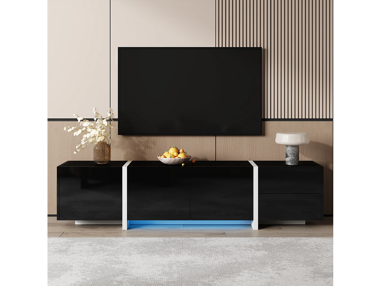 Meuble TV brillant - 170 x 30 x 39 cm - avec 4 portes + 1 tiroir - pieds contrastés - aggloméré - noir