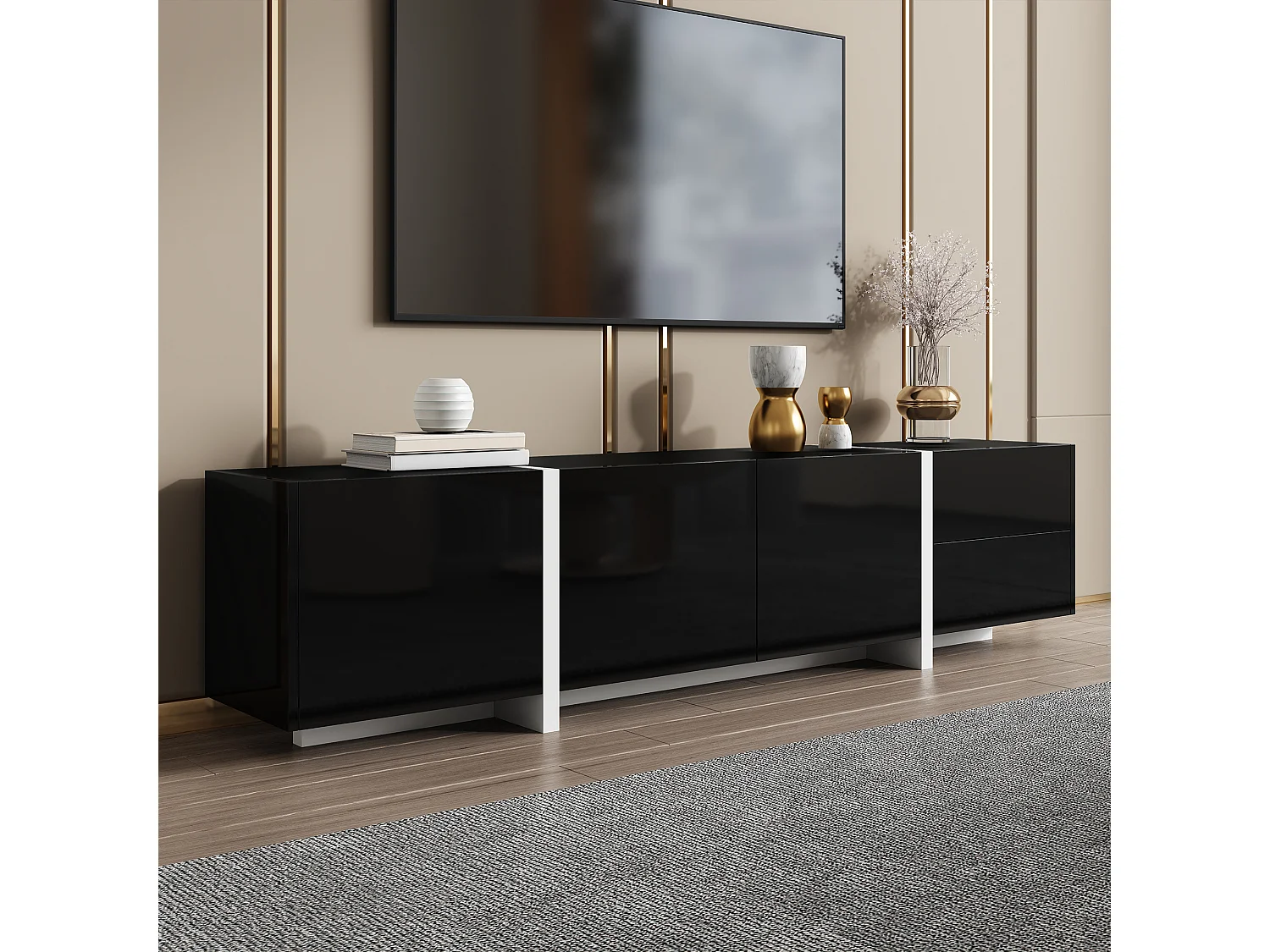 Meuble TV brillant - 170 x 30 x 39 cm - avec 4 portes + 1 tiroir - pieds contrastés - aggloméré - noir