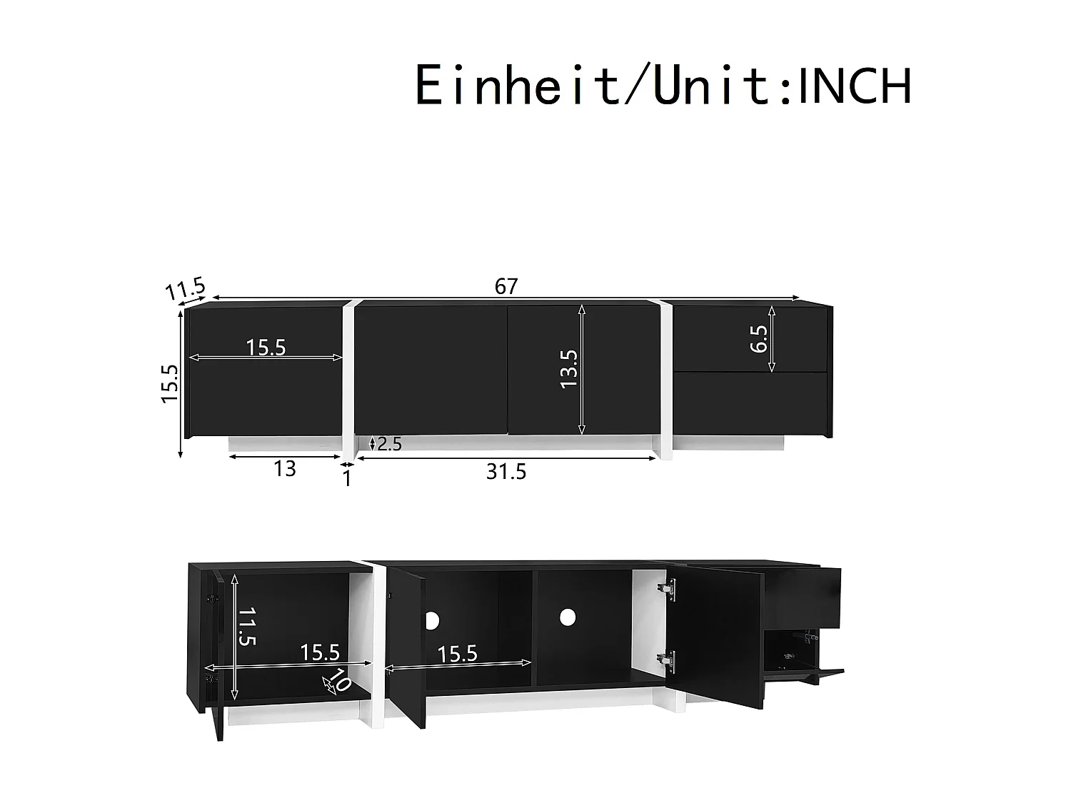 Meuble TV brillant - 170 x 30 x 39 cm - avec 4 portes + 1 tiroir - pieds contrastés - aggloméré - noir