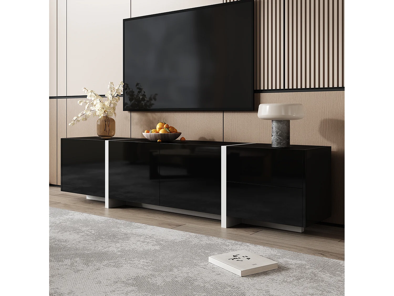 Meuble TV brillant - 170 x 30 x 39 cm - avec 4 portes + 1 tiroir - pieds contrastés - aggloméré - noir