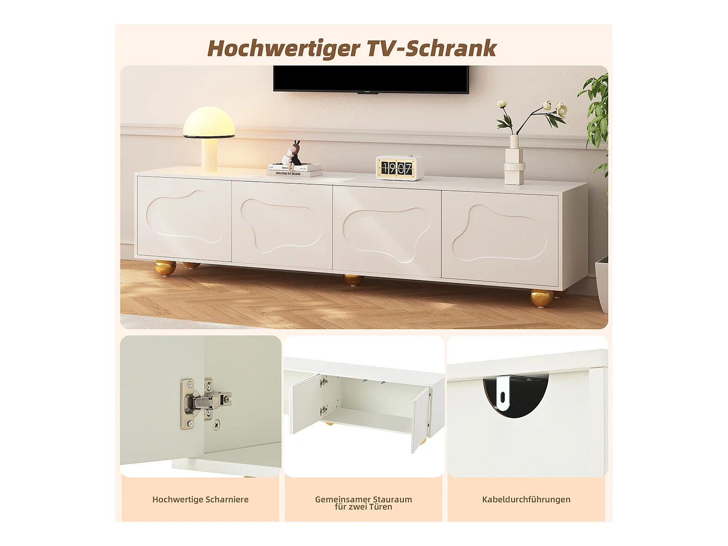 Meuble TV - 180 x 40 x 45 cm - avec 2 armoires - en forme de nuage - pour TV 75 pouces - aggloméré - blanc