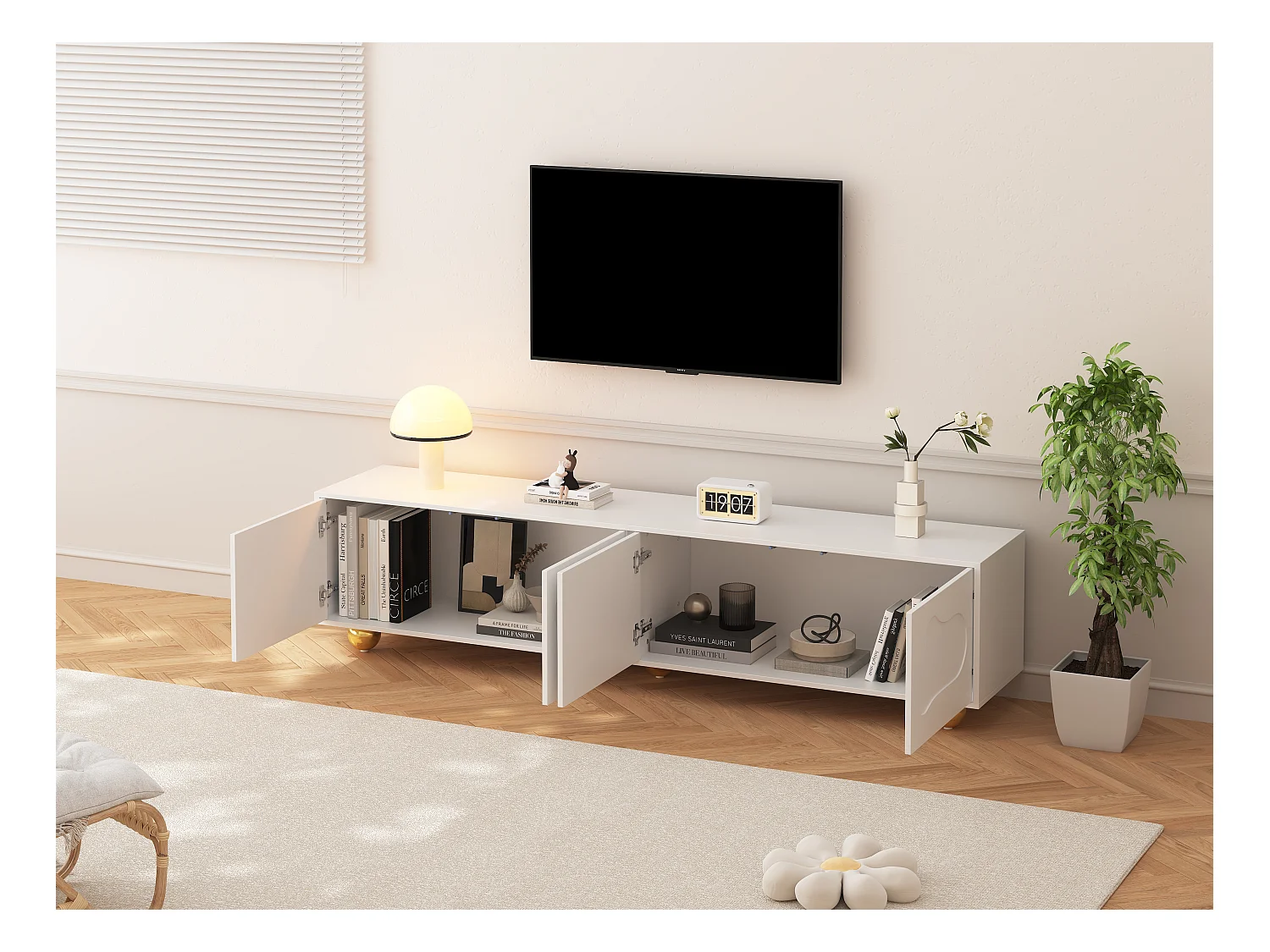 Meuble TV - 180 x 40 x 45 cm - avec 2 armoires - en forme de nuage - pour TV 75 pouces - aggloméré - blanc
