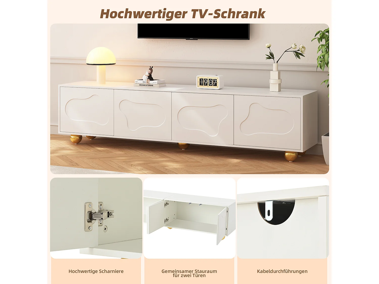 Meuble TV - 180 x 40 x 45 cm - avec 2 armoires - en forme de nuage - pour TV 75 pouces - aggloméré - blanc