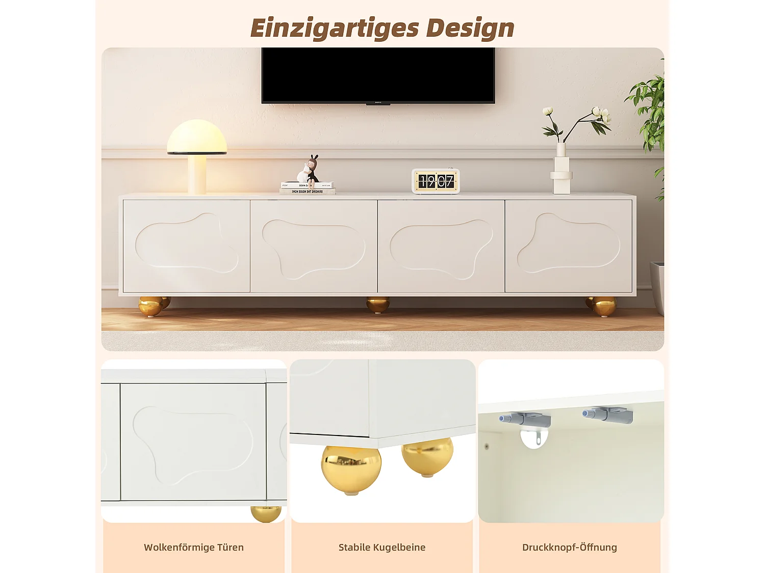 Meuble TV - 180 x 40 x 45 cm - avec 2 armoires - en forme de nuage - pour TV 75 pouces - aggloméré - blanc