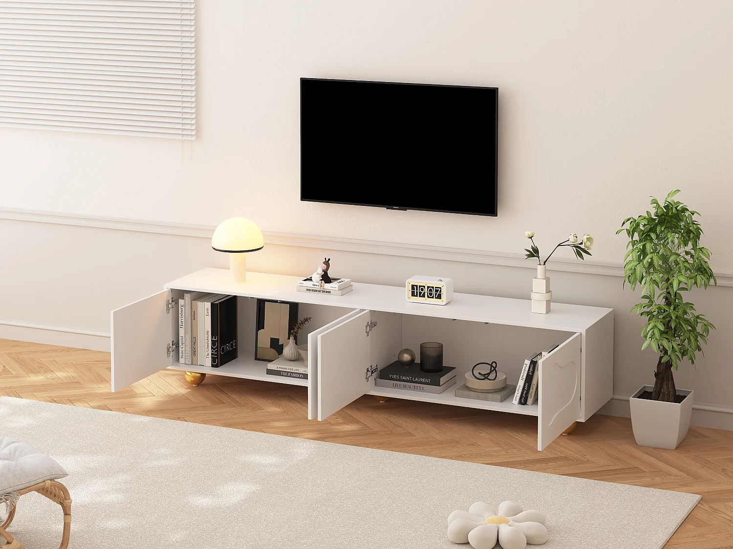 Meuble TV - 180 x 40 x 45 cm - avec 2 armoires - en forme de nuage - pour TV 75 pouces - aggloméré - blanc