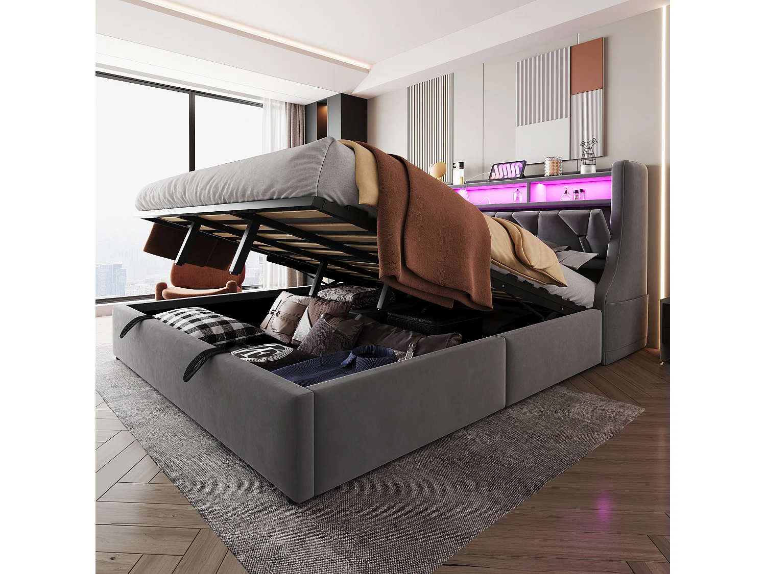 Doppelbett mit Stauraum – 180 x 200 cm – hydraulisch – klappbares Kopfteil mit Stauraum + LEDs – MDF – grau