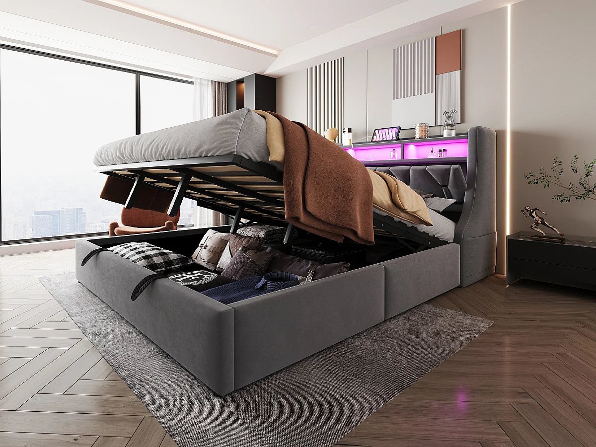 Doppelbett mit Stauraum – 180 x 200 cm – hydraulisch – klappbares Kopfteil mit Stauraum + LEDs – MDF – grau