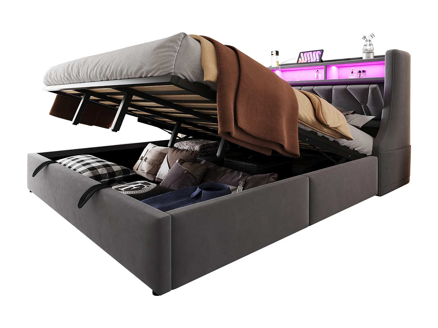 Doppelbett mit Stauraum – 180 x 200 cm – hydraulisch – klappbares Kopfteil mit Stauraum + LEDs – MDF – grau